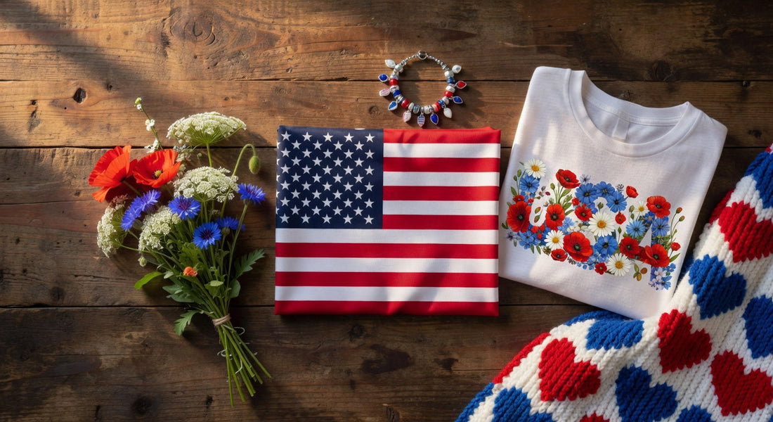 American flag, patriotic USA floral t-shirt, heart knit blanket, bouquet and bracelet on wood