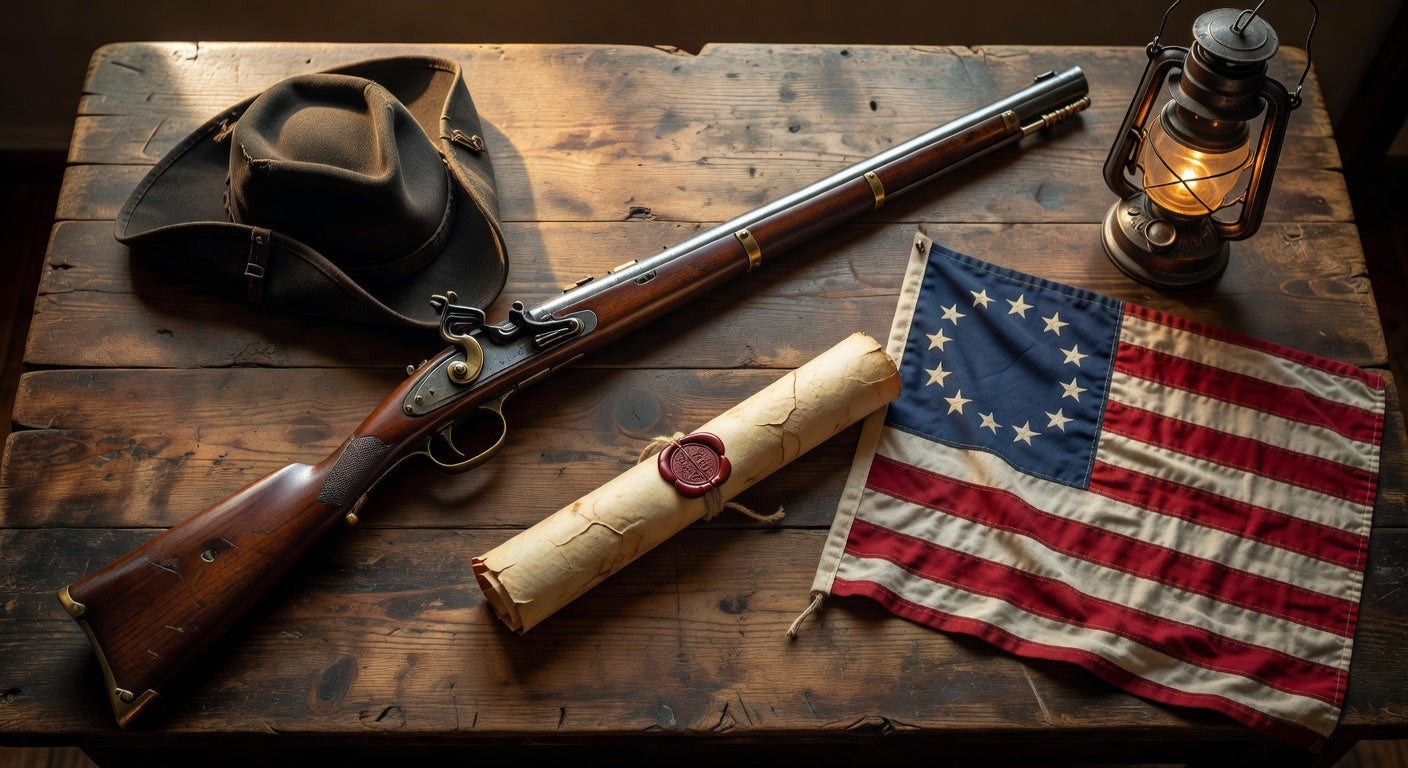 Vintage American flag, lantern, old rifle, tricorn hat, and scroll on rustic table