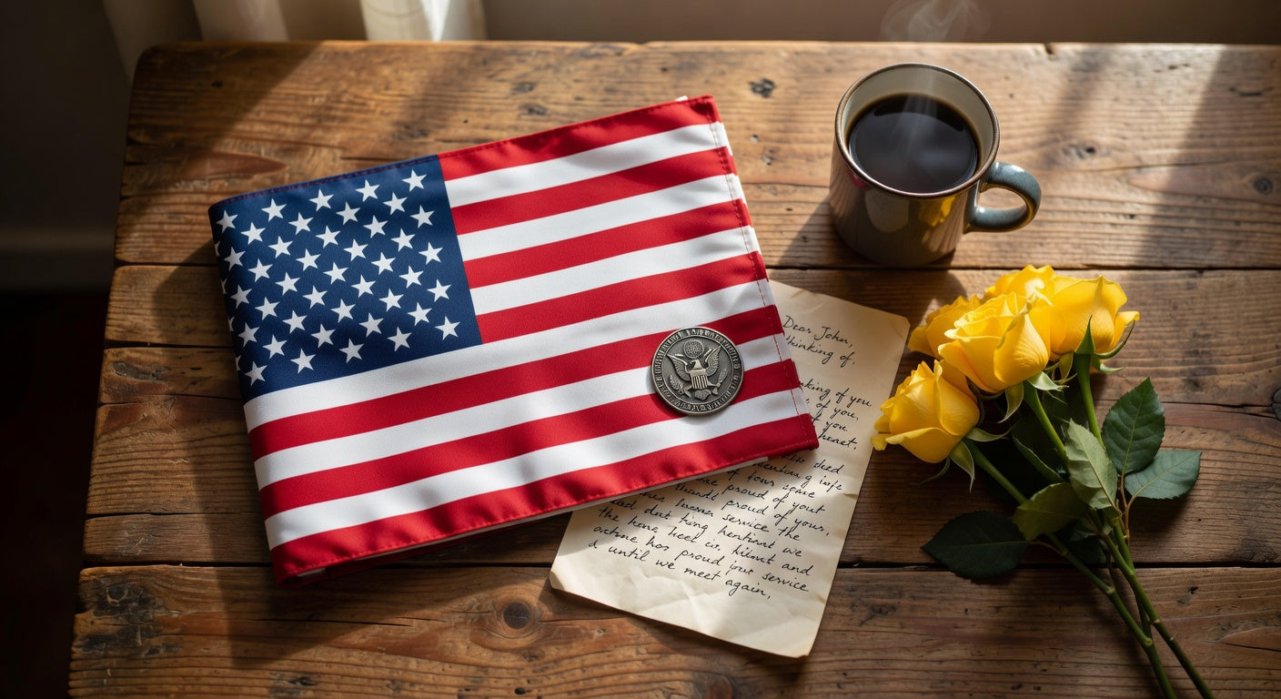 Folded American flag with medal, yellow roses, handwritten letter, and coffee cup on rustic table