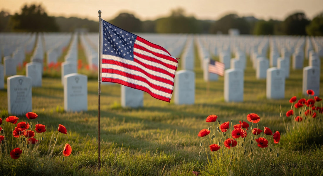 American flag in military cemetery with headstones and red poppies at sunrise