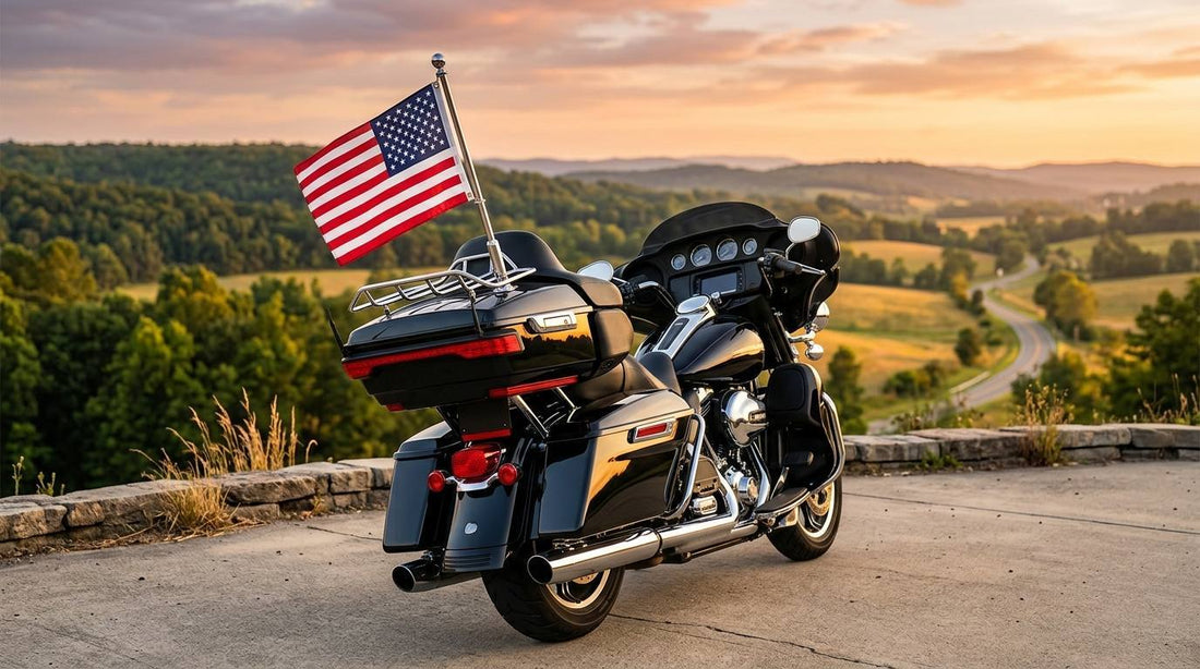 American flag mounted on a touring motorcycle at a rural overlook