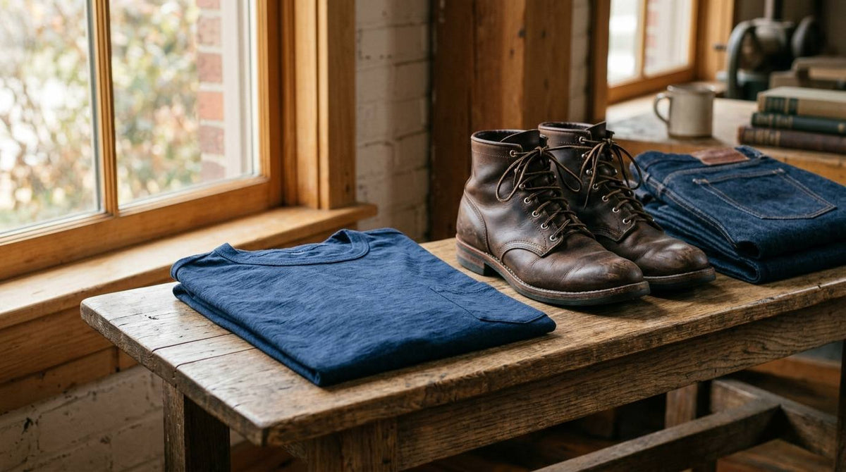 Folded navy t-shirt, denim, and leather boots on a wooden bench by a window