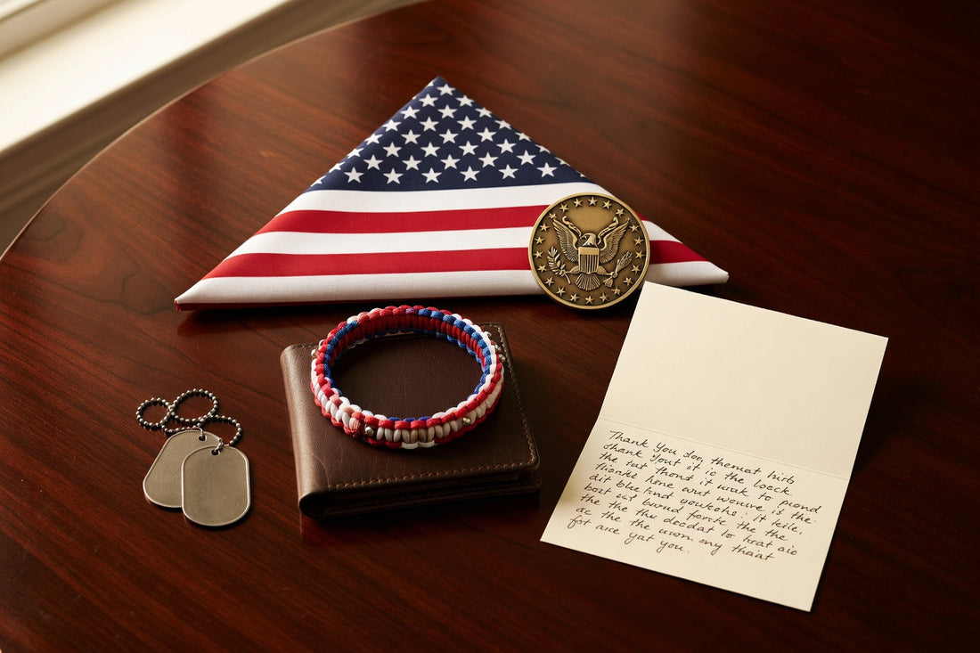 Patriotic gifts on table including folded American flag, military dog tags, medal, and thank you card.