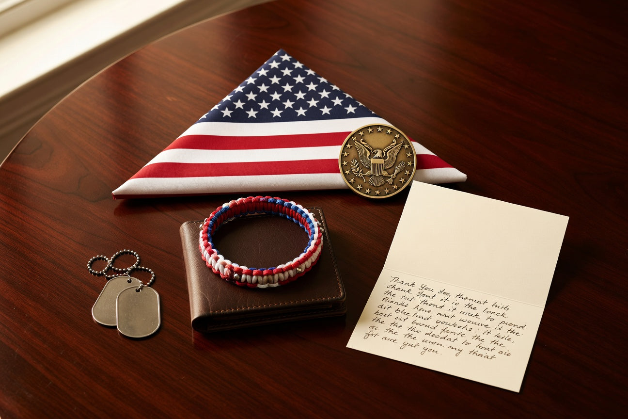 Patriotic gifts on table including folded American flag, military dog tags, medal, and thank you card.