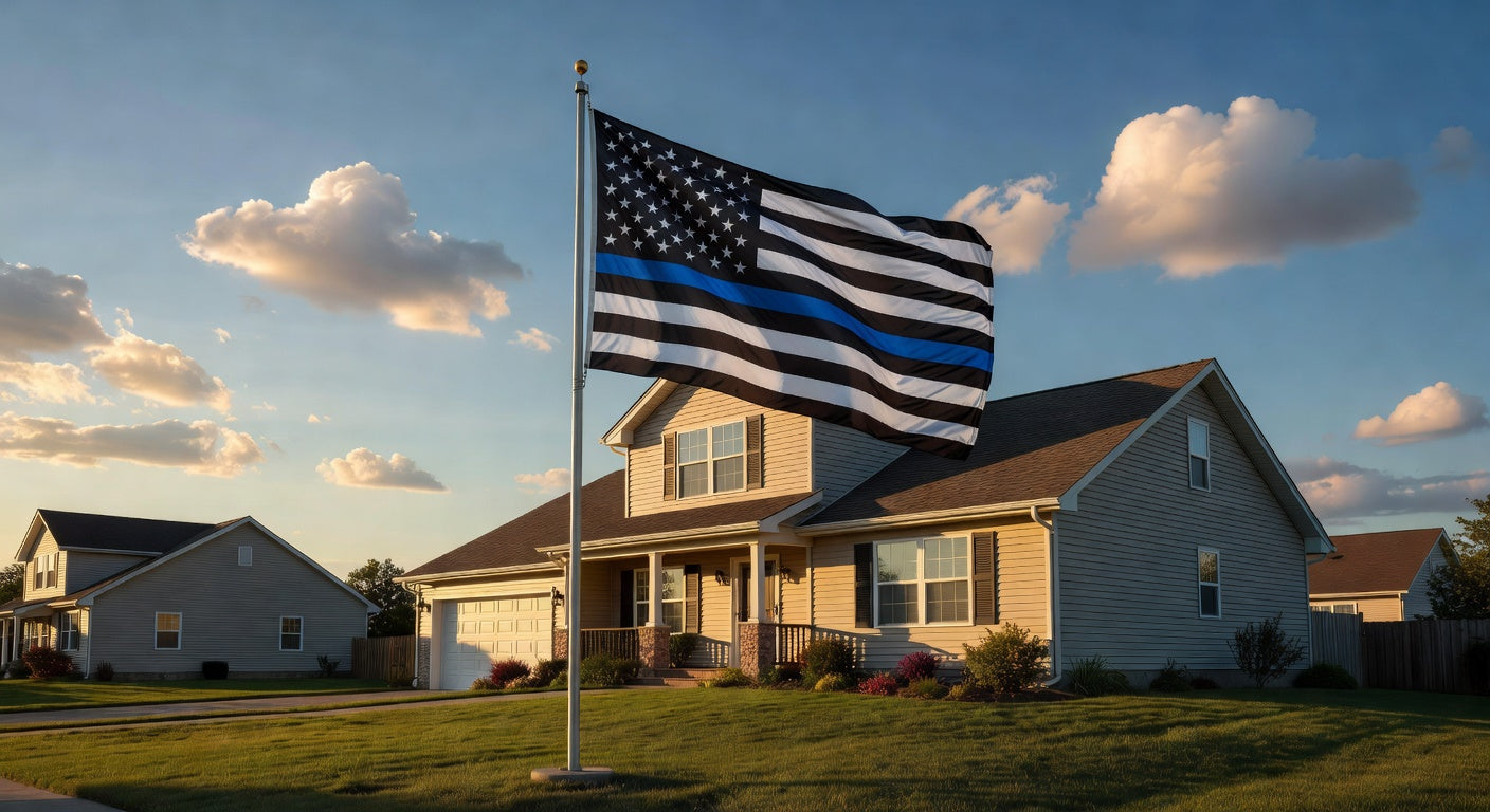 Thin Blue Line American flag flying in front yard of suburban house at sunset