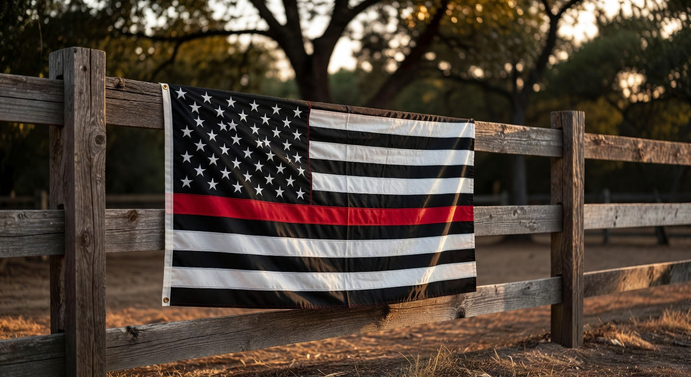 Thin Red Line American flag hanging on a wooden fence outdoors at sunset