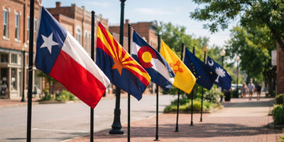 State flags on poles along a small-town brick sidewalk, including Texas, Arizona, Colorado, New Mexico, Alaska and South Carolina