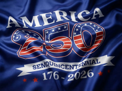 America 250 semiquincentennial logo on blue flag, 1776-2026 patriotic design.