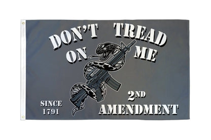 2nd Amendment Dont Tread On Me flag with coiled snake, rifle graphic, and Since 1791 text