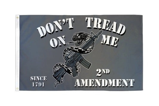 2nd Amendment Dont Tread On Me flag with coiled snake, rifle graphic, and Since 1791 text