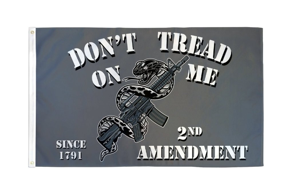 2nd Amendment Dont Tread On Me flag with coiled snake, rifle graphic, and Since 1791 text