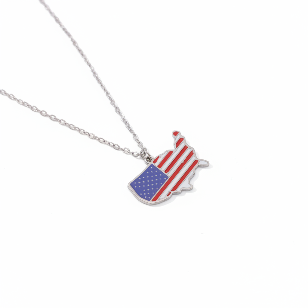 USA map pendant necklace with American flag design on silver chain