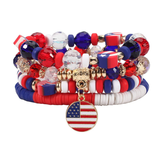 Patriotic red, white, and blue beaded bracelet stack with USA flag charm, Proud & Free style