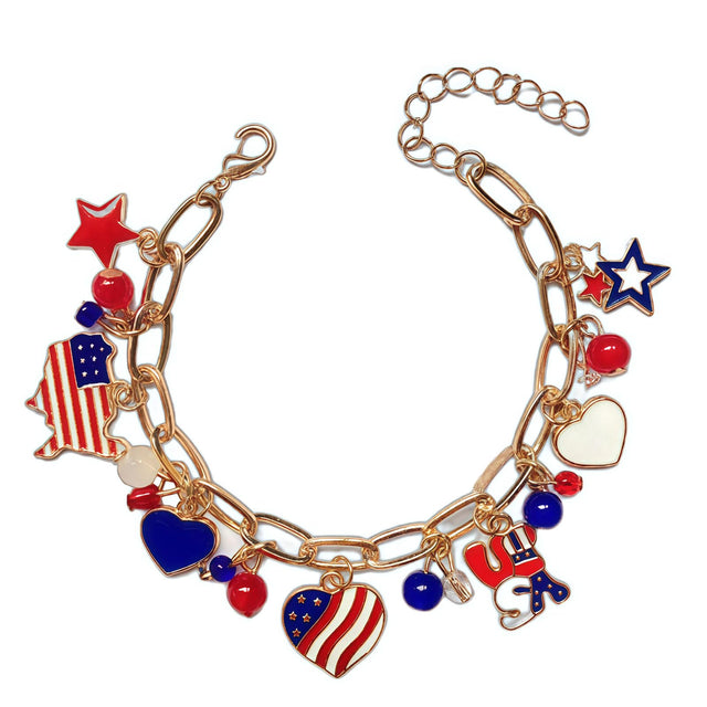 Gold chain bracelet with USA flag charms, red, white, and blue stars and hearts, patriotic jewelry
