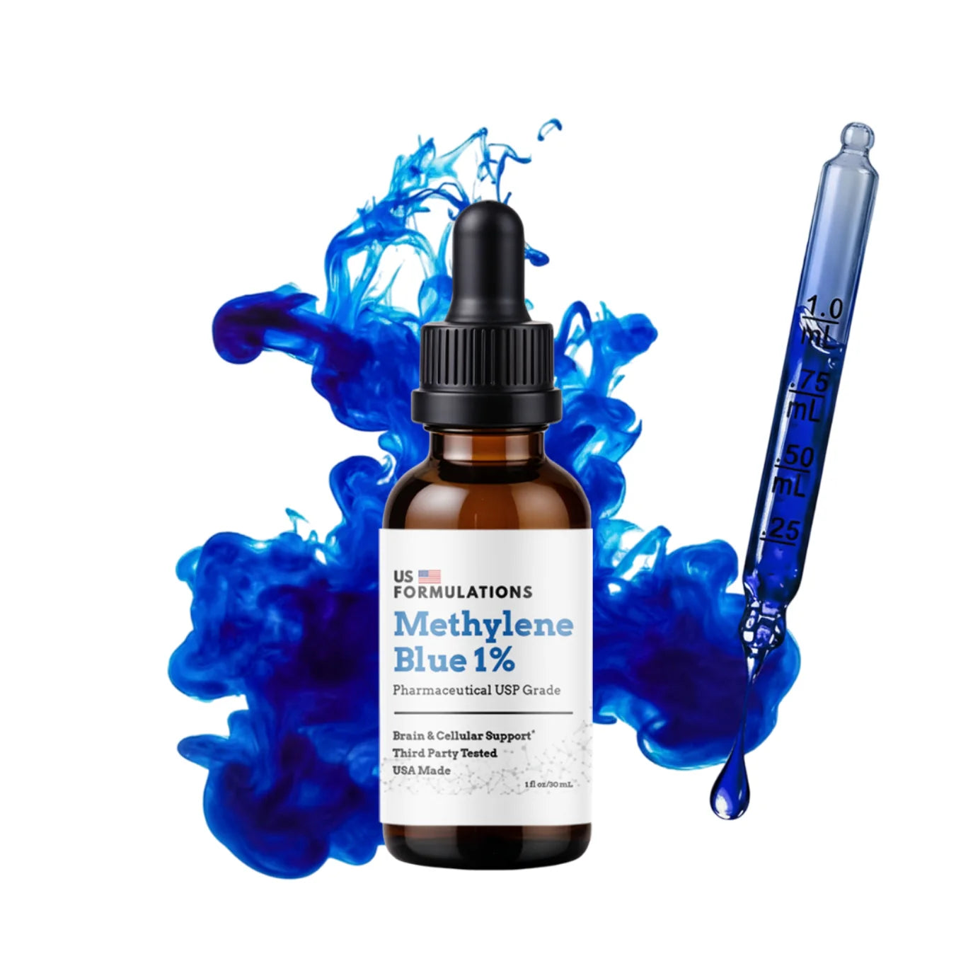 Methylene Blue 1% dropper bottle with blue liquid and pipette, pharmaceutical supplement