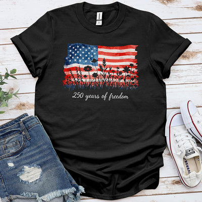 Black t-shirt with distressed American flag, wildflowers, and '250 years of freedom' text