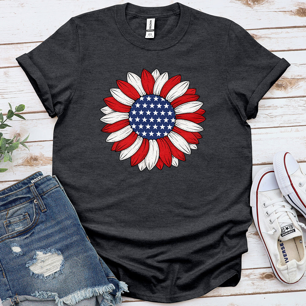 Dark heather grey patriotic sunflower t-shirt with American flag stars and stripes