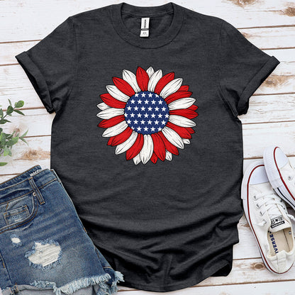 Dark heather grey patriotic sunflower t-shirt with American flag stars and stripes