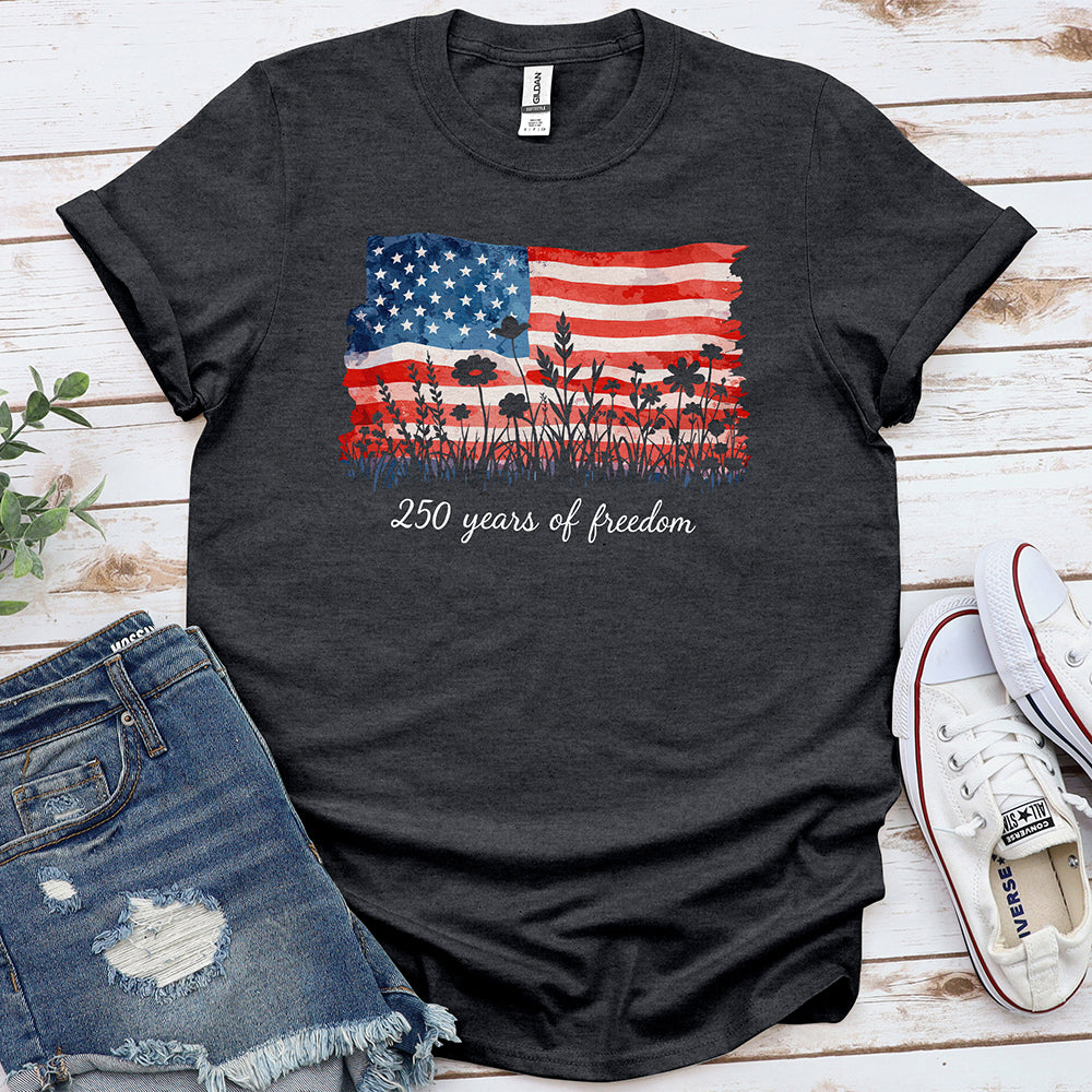 Dark heather grey patriotic t-shirt with American flag, wildflowers, and '250 years of freedom' text.