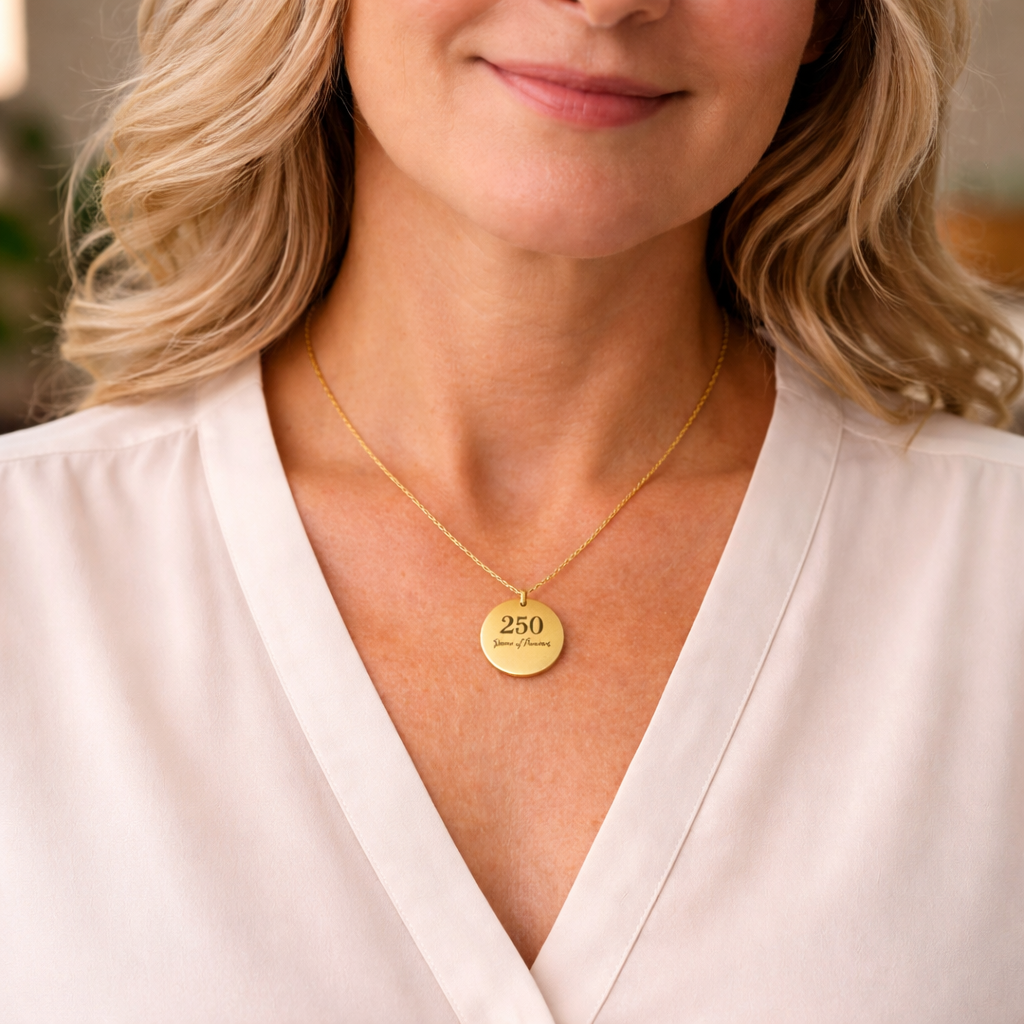 Woman wearing delicate gold necklace with engraved 250 years of freedom pendant