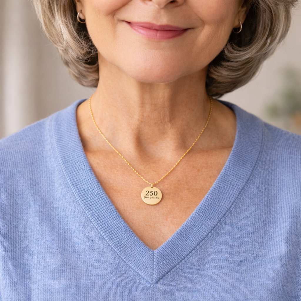 Woman wearing gold 250 years of freedom pendant necklace, patriotic jewelry