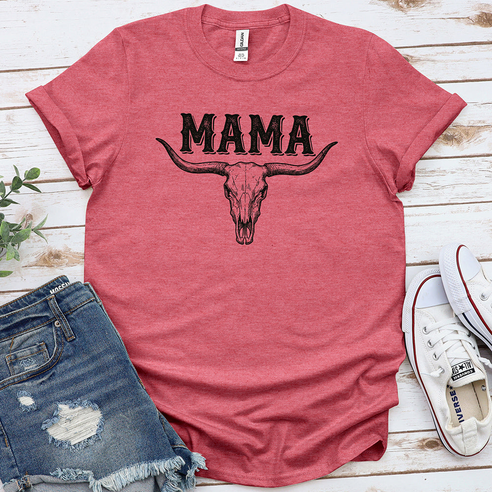 Heather cardinal red graphic tee with 'MAMA' and steer skull, styled with denim shorts and sneakers