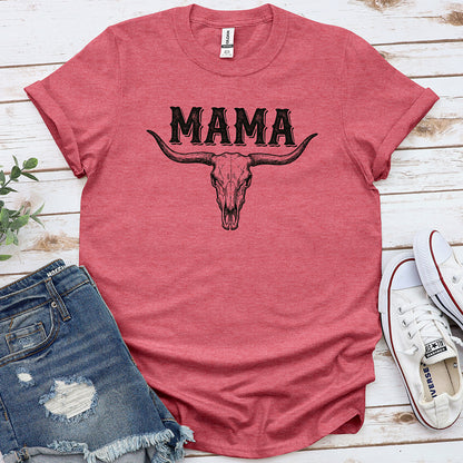 Heather cardinal red MAMA graphic tee with bull skull, next to denim shorts and white sneakers