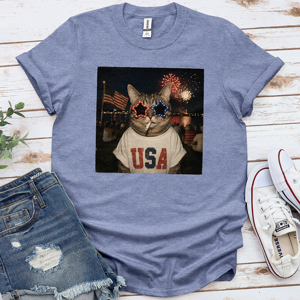 Patriotic Cat Tee — Heather Indigo
