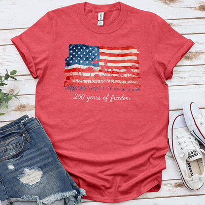 Heather red t-shirt with watercolor American flag and '250 years of freedom' text, patriotic tee