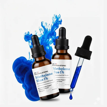 Methylene Blue 1% dropper bottles with blue liquid and vibrant blue splash background