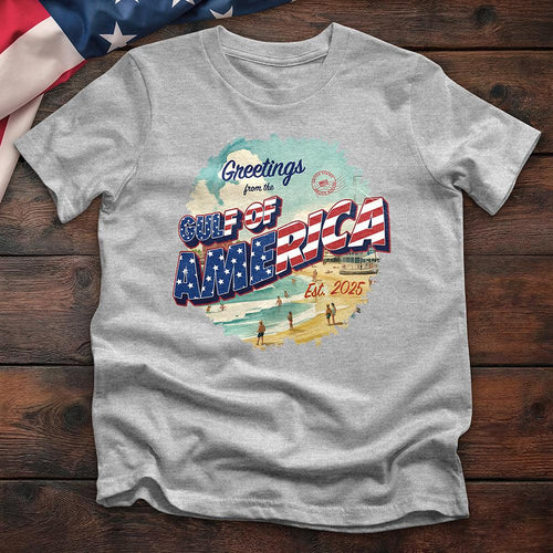 Sport grey t-shirt with 'Greetings from the Gulf of America' beach graphic, patriotic theme