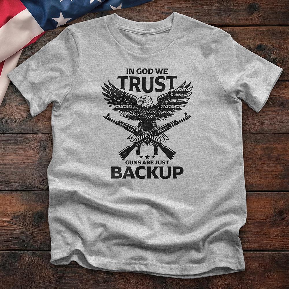 Sport grey Proud & Free t-shirt with eagle, rifles, and 'In God We Trust' patriotic print