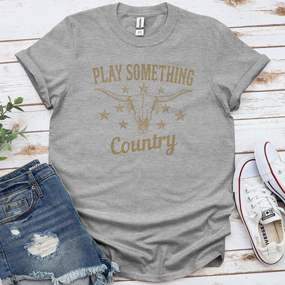 Grey country music graphic tee with steer skull, stars, and 'Play Something Country' text