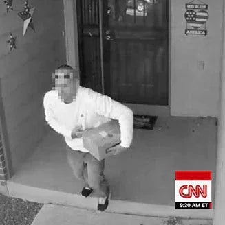 Person in white shirt holding package on porch, home security footage, Proud & Free theme