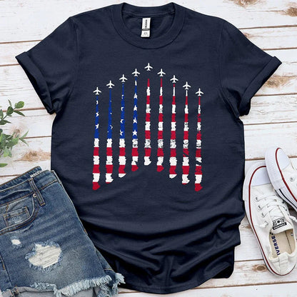 Navy Proud & Free t-shirt with airplanes and distressed American flag graphic, flat lay