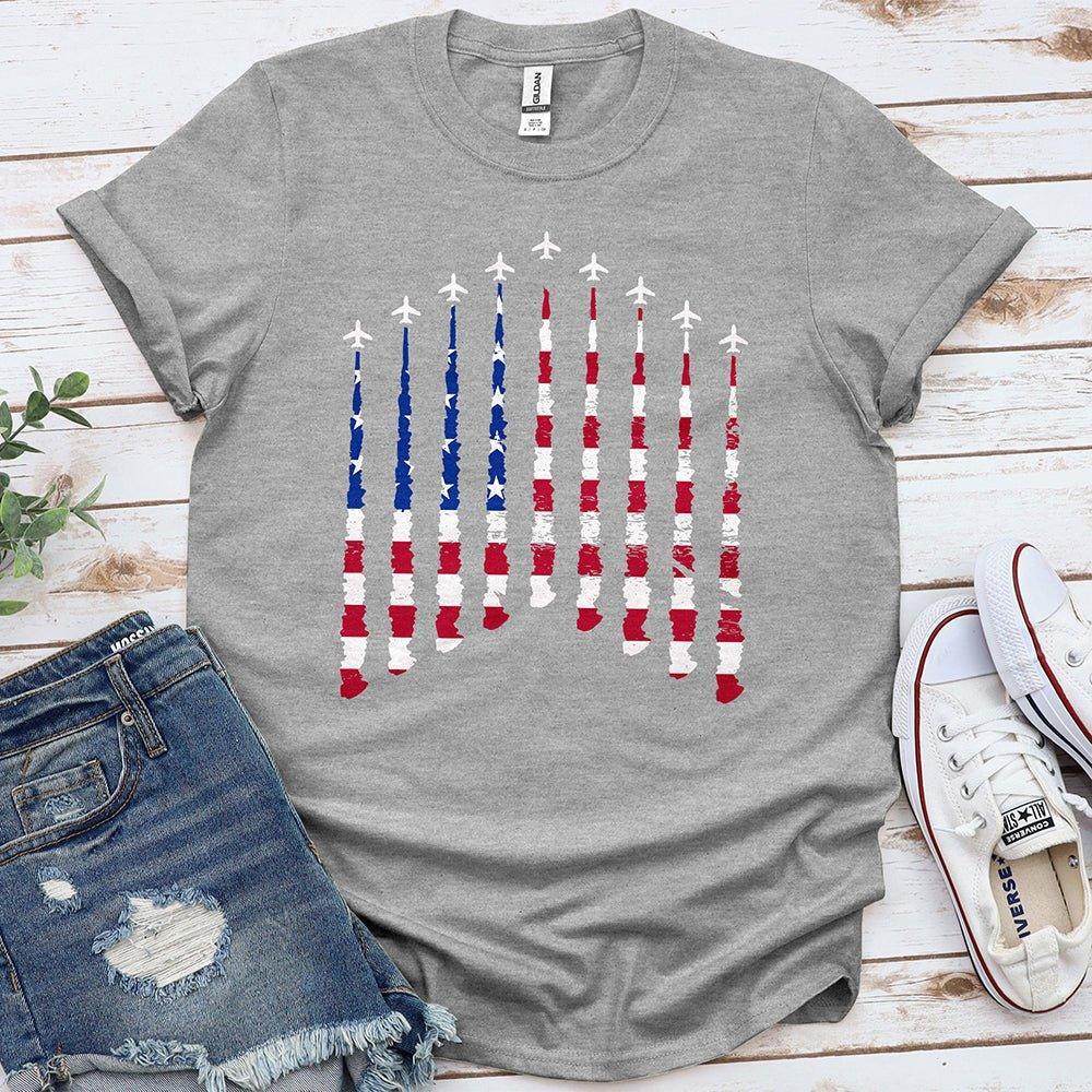 Grey Proud & Free t-shirt with airplanes forming a red, white, and blue flag design