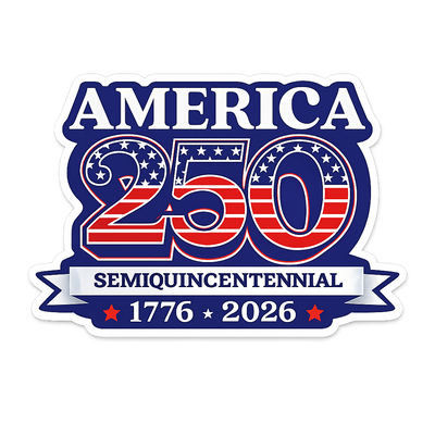 America 250th semiquincentennial sticker with stars, stripes, and dates 1776-2026