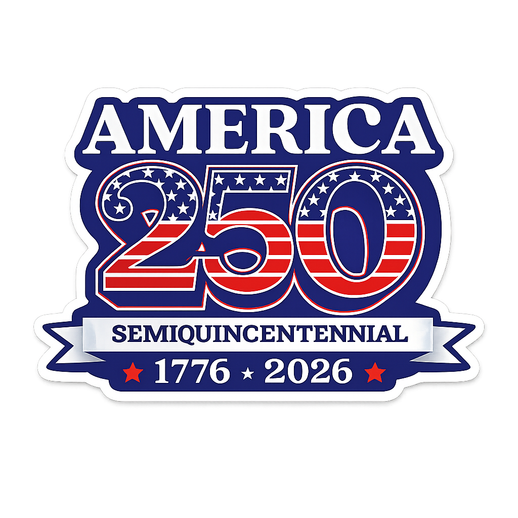America 250th semiquincentennial sticker with stars, stripes, 1776-2026 anniversary design.