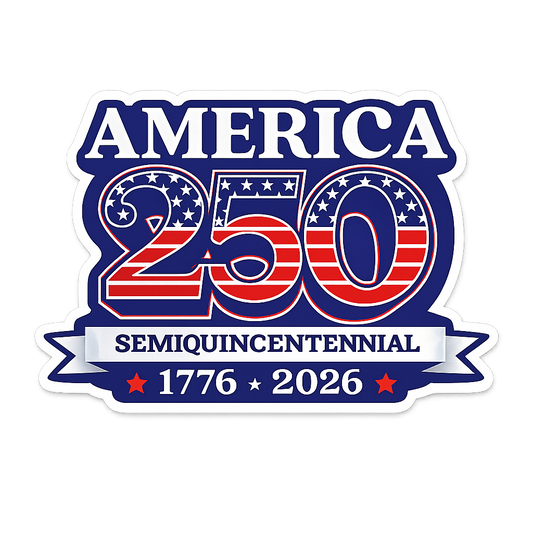America 250th semiquincentennial sticker with stars, stripes, 1776-2026 anniversary design.