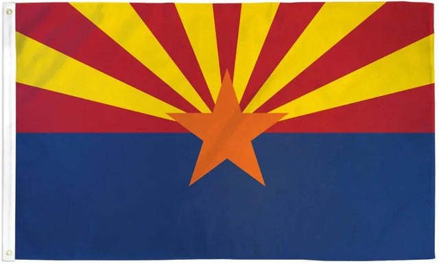 Arizona state flag with copper star, red and yellow rays, and blue bottom half