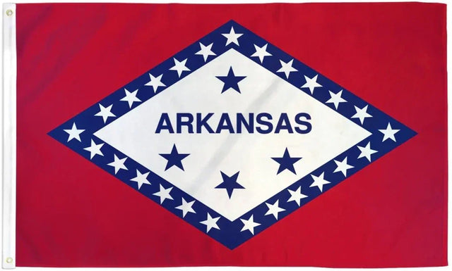 Arkansas state flag with blue diamond, stars, and bold 'ARKANSAS' text on a red background