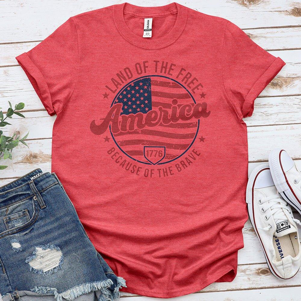 Red America patriotic t-shirt with US flag, 'Land of the Free Because of the Brave', denim shorts, sneakers