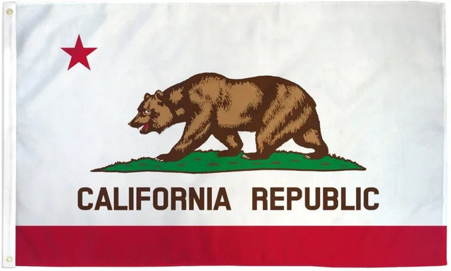 California Republic flag with brown bear, red star, and bold text on white background