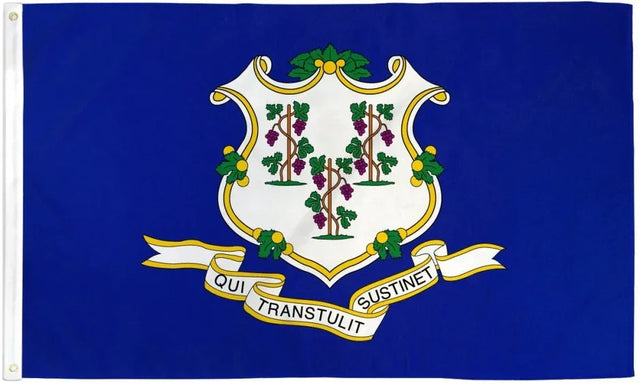 Connecticut state flag with white shield, grapevines, and Latin motto on blue background