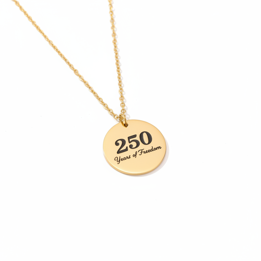 Gold necklace with round pendant engraved '250 Years of Freedom' honoring American pride