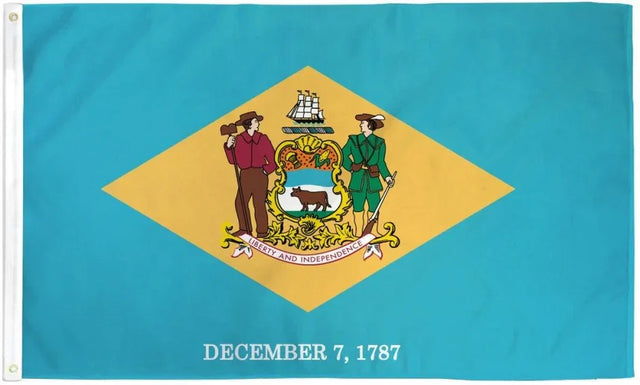 Delaware state flag with coat of arms and December 7, 1787, Proud & Free store context