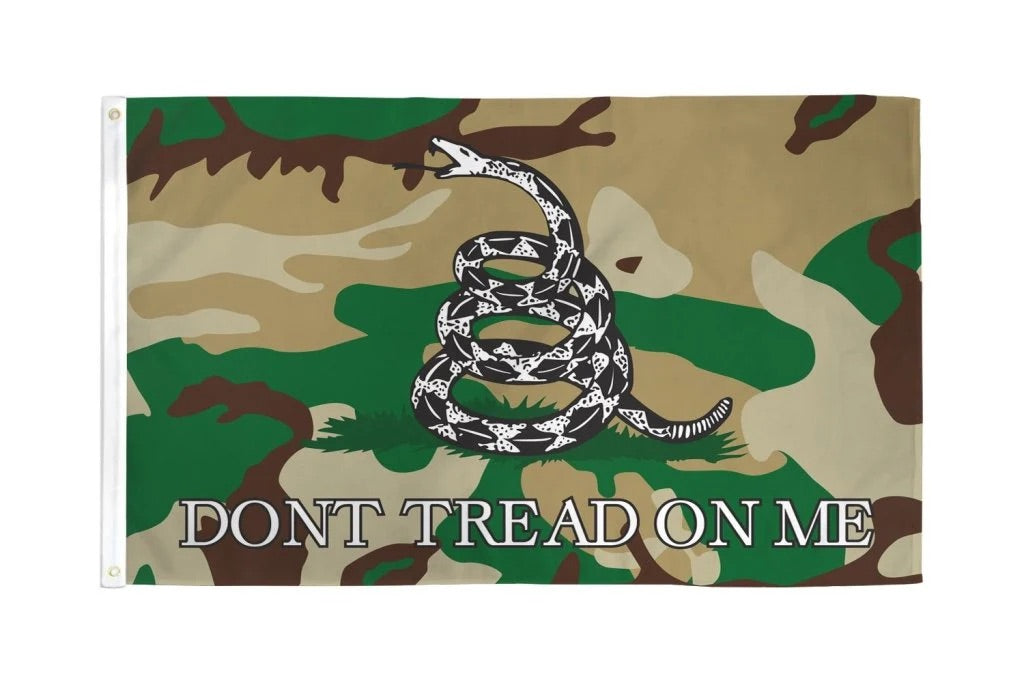 Gadsden flag with coiled rattlesnake on camouflage background and 'Don't Tread On Me' text