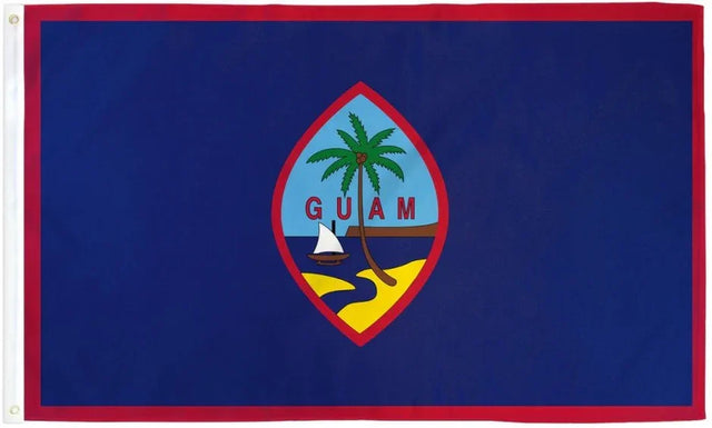 Guam flag with blue field, red border, central crest, palm tree, and sailboat design