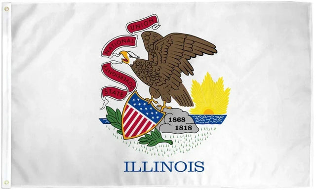 Illinois state flag with eagle, shield, and sun design on white background, Proud & Free