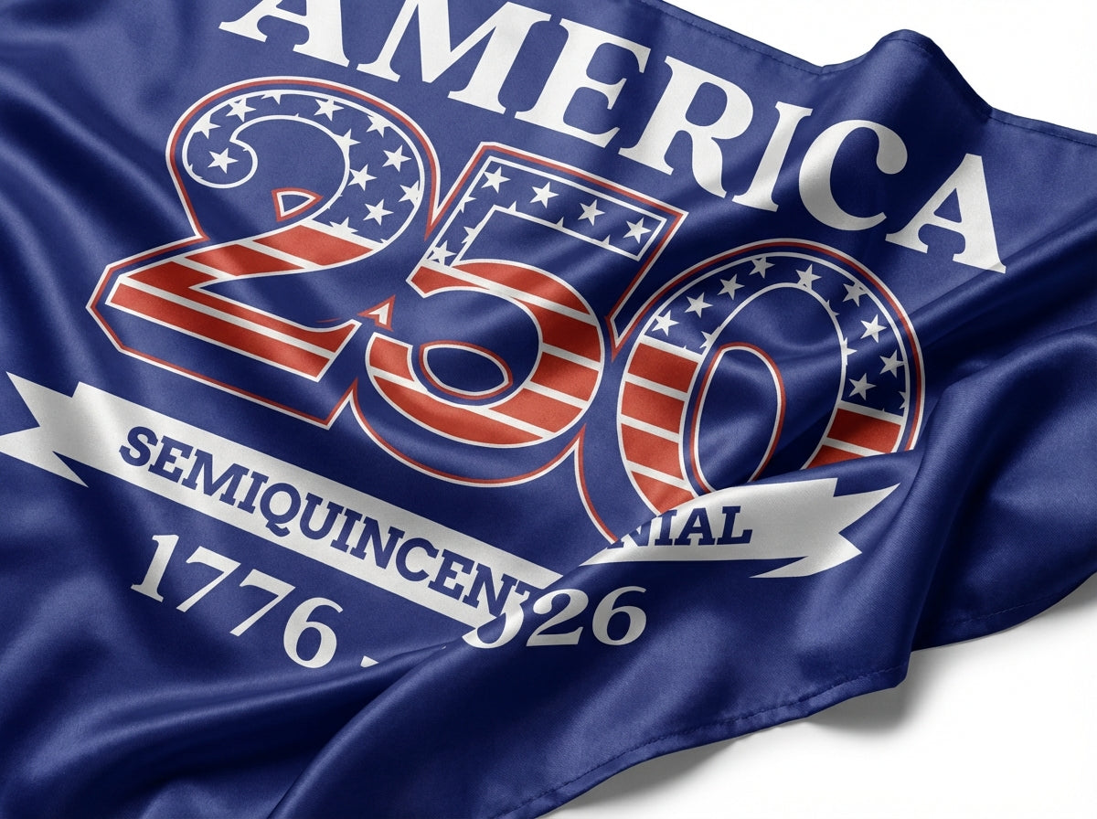 America 250 Semiquincentennial flag with patriotic stars and stripes, 1776-2026 anniversary.